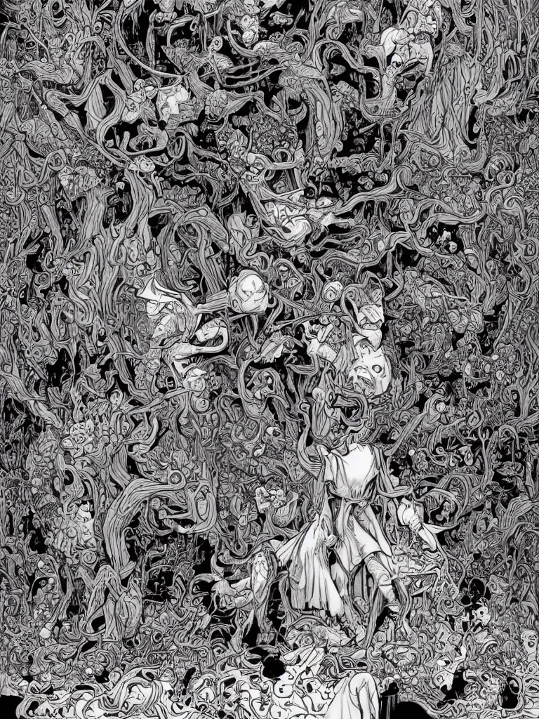 Image similar to a coloring page of a weird dream by James Jean and Dan Mumford and Strongstufftom and Adi Granov