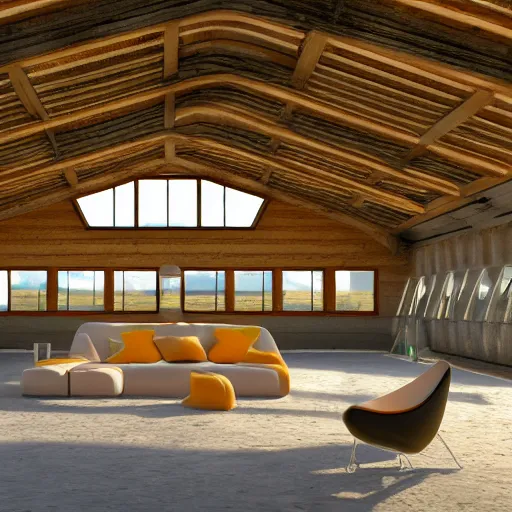 Prompt: interior view of modern futuristic farm barn architecture and interior design, lounge chairs, sofas, cows, chickens, pigs, wall art, detailed luminescent oil painting 4 k