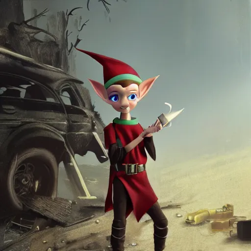 Image similar to a skinny high-fantasy elf with a long narrow face and spiky blonde hair wearing dark brown overalls and holding a bomb next to a destroyed car, high resolution film still, 8k, artstation