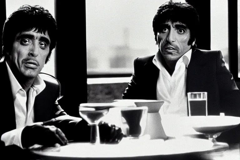 Image similar to tony montana from movie scarface 1 9 8 3 sitting at a big black oak table with ( big polyethylene packages of flour ). next to the night window. ( al pacino ). perfect symmetric face, coherent eyes,, fine details, 4 k, ron cobb, cinestill