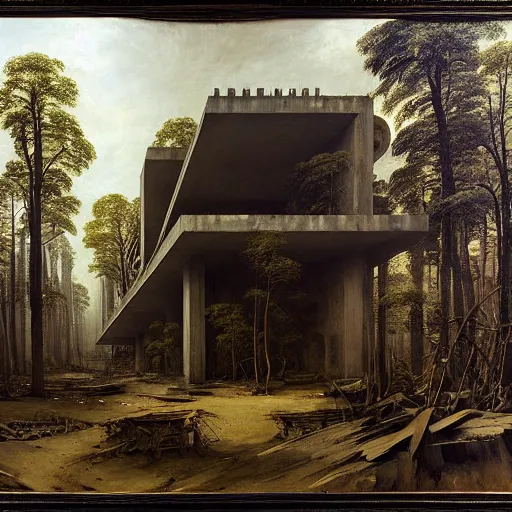 Prompt: a painting of a building in the middle of a forest, a detailed matte painting, brutalism, dystopian art, rough, unfinished surfaces, unusual shapes, straight lines, greeble, oil paint, insanely detailed and intricate, hypermaximalist, elegant, ornate, hyper realistic by eugene von guerard, arnold boecklin, francisco goya, caravaggio, paul rudolph