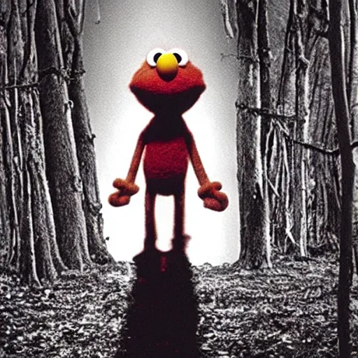 Prompt: elmo in the blairwitch project, scary, disturbing.