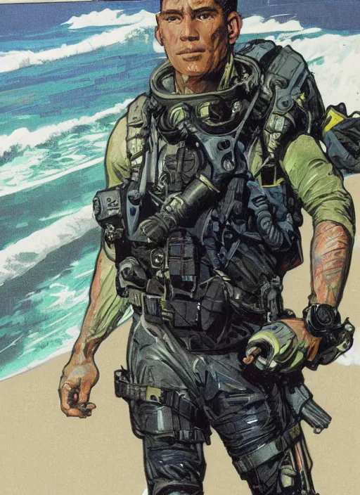 Image similar to Hector. USN blackops operator emerging from water at the shoreline. Operator wearing Futuristic wetsuit and looking at an abandoned shipyard. Frogtrooper. rb6s, MGS, and splinter cell Concept art by James Gurney, Alphonso Mucha. Vivid color scheme.