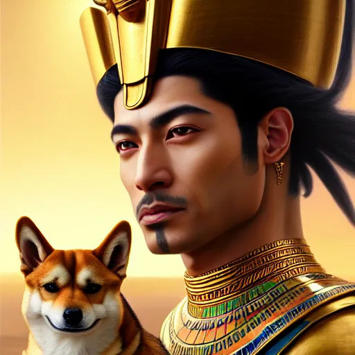 Image similar to portrait painting of egyptian pharaoh with a shiba inu, ultra realistic, concept art, intricate details, eerie, highly detailed, photorealistic, octane render, 8 k, unreal engine. art by artgerm and greg rutkowski and charlie bowater and magali villeneuve and alphonse mucha