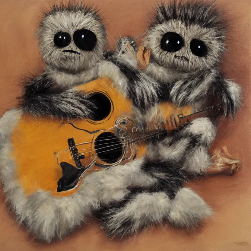 Image similar to medium shot, cute lucas the spider, fluffy spider, plays the guitar, 3 d art, oil painting