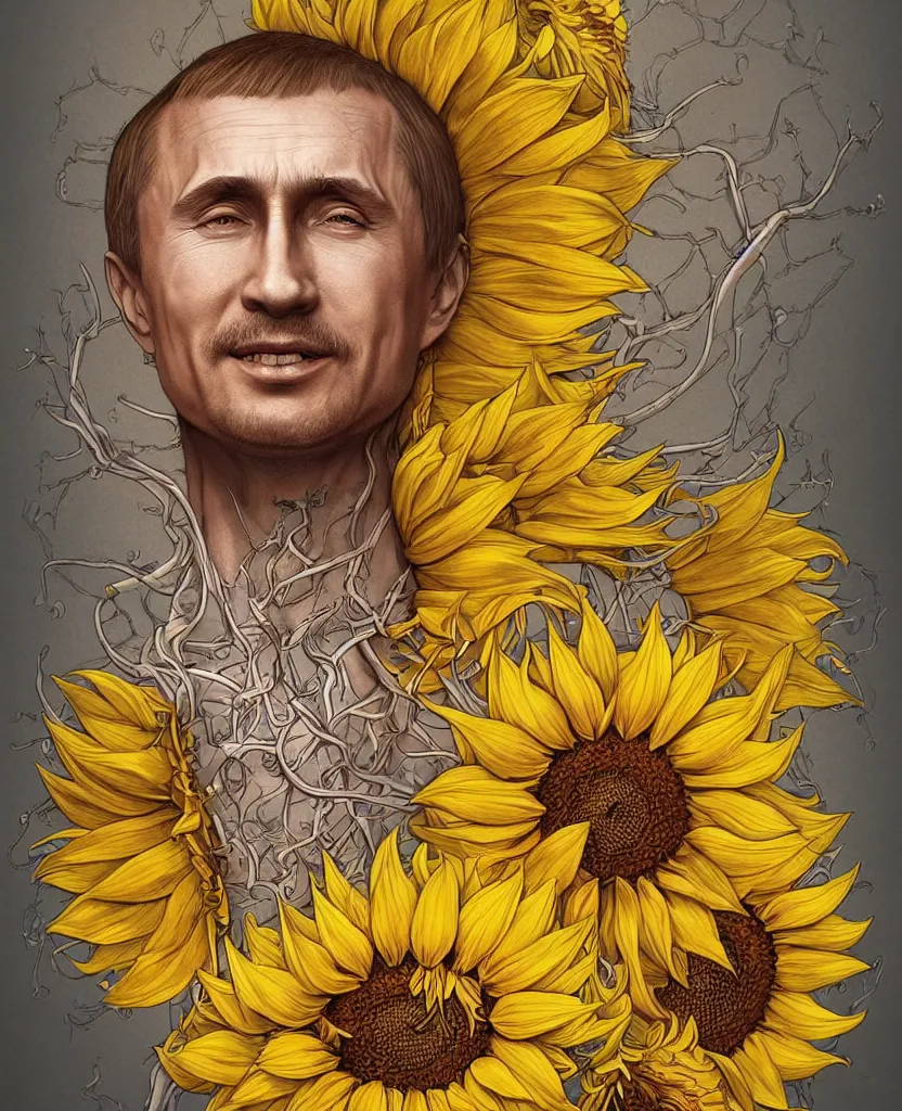 Prompt: digital art, centered full body of young any old Putin smiling king, Sunflower crown, ,intricate, veins, by James Jean and by artgerm , by ross tran ultradetailed, charachter design, concept art, trending on artstation,