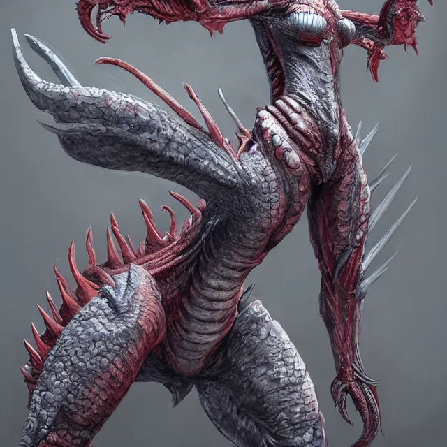 Prompt: a feminine humanoid fusion of a dragon, godzilla, and a xenomorph trending on artstation deviantart pinterest detailed hyper detailed photorealistic hd 8 k post - processing high resolution