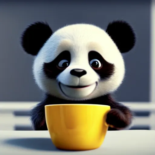 Image similar to a cute panda with big eyes looking at a cup of coffee, bamboos on background. Pixar Disney 4K 3d render funny animation movie Oscar winning trending on ArtStation and Behance. Ratatouille style.