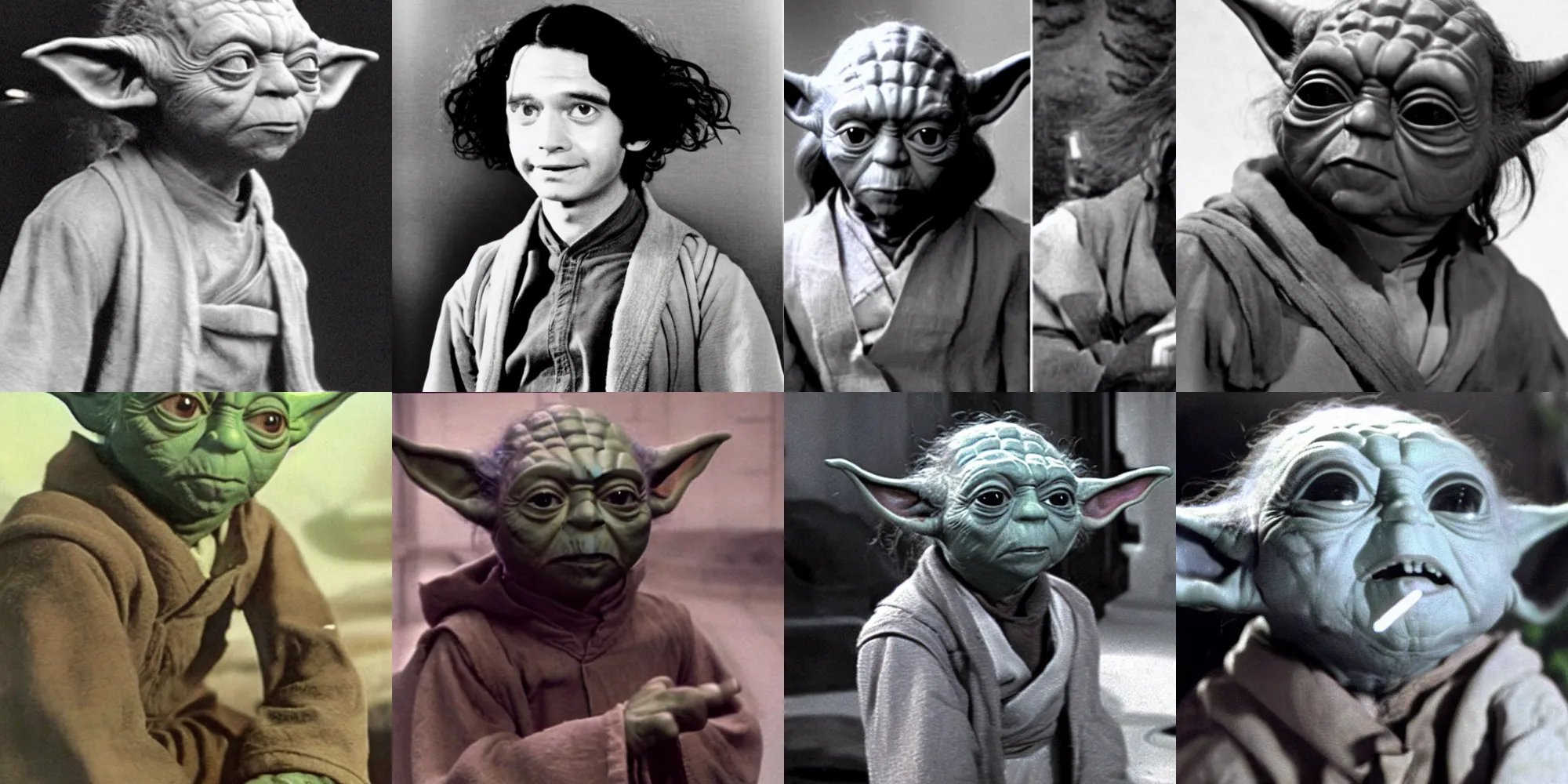 Prompt: still of yoda as a young!! man. long black hair. smooth skin. face looks like young albert einstein and stuart freeborn and grogu