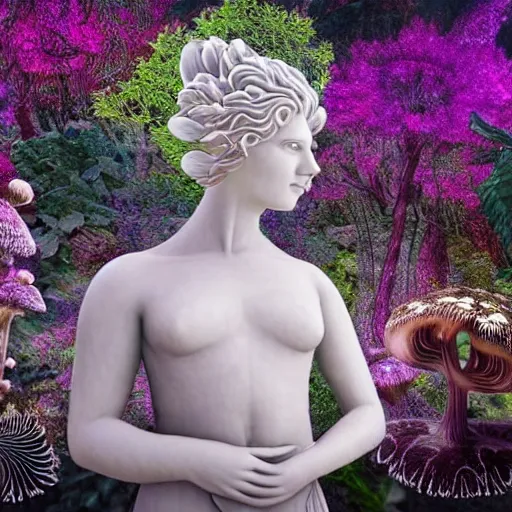 Image similar to an idealistic marble statue with fractal flowery hair in a fractal garden, glowing delicate flower and mushrooms that grow in a dark fatansy forest on the planet pandora,, symmetrical,