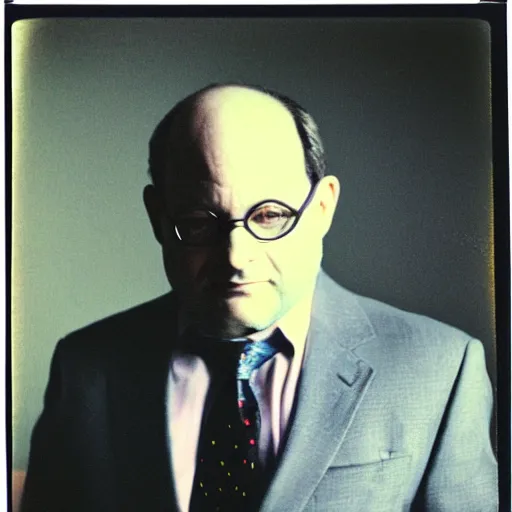 Prompt: Portrait of George Costanza in a suit, ethereal, polaroid, by Iwai Shunji