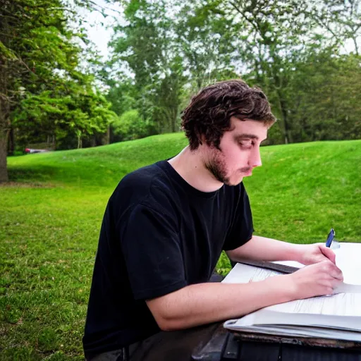 Prompt: Ethan Smith writing his next guide, (EOS 5DS R, ISO100, f/8, 1/125, 84mm, postprocessed, enhanced, facial features)