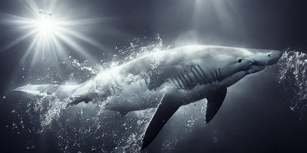 Prompt: giant great white shark coming from the bottom of the ocean towards the surface with its jaw open and pointy teeth showing, trending on artstation, digital art, fog, sun flare, rain