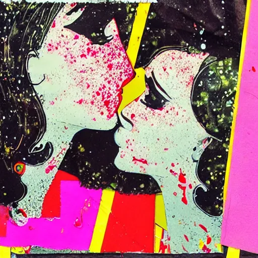 Image similar to two women kissing at a carnival, mixed media collage, retro, paper collage, magazine collage, acrylic paint splatters, double exposure,