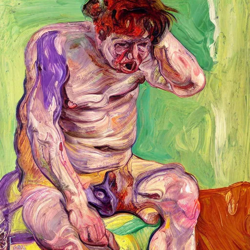 Image similar to high quality high detail expressionist painting of a man in agony by lucian freud and jenny saville and francis bacon and francisco goya and edvard munch, hd, anxiety, seated at table crying and screaming, turquoise and purple and orange and pink