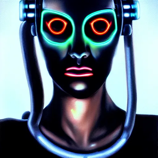 Image similar to hyperrealism oil painting portrait of cyberpunk cyborg fashion model with glowing eyes