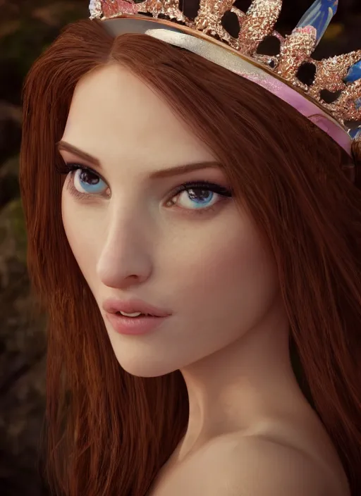 Image similar to closeup face profile portrait of a fairytale princess wearing a crown eating cakes, bikini, depth of field, zeiss lens, fashion photoshoot, by dan decarlo, breathtaking, 8 k resolution, extremely detailed, beautiful, establishing shot, artistic, hyperrealistic, octane render