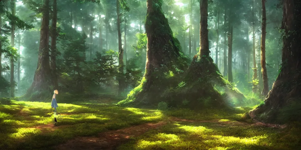 Prompt: a forest, cinematic angle, studio Ghibli, volumetric lighting, bold, beautiful composition, intricate, elegant, digital art, detailed oil painting, hyperrealistic, sharp focus, 8k