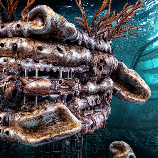 Image similar to A hyperdetailed photograph of a damaged and withered animatronic submerged under the water, HD, 8K resolution