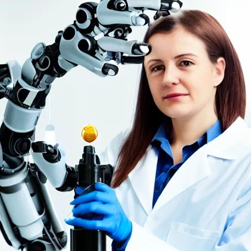 Image similar to a female scientist with a futuristic robotic arm