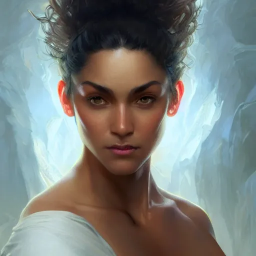 Image similar to beautiful, strong, mixed race, female, aged 4 0, face, head shot, fantasy, highly detailed, digital painting, artstation, concept art, smooth, sharp focus, illustration, art by artgerm and greg rutkowski and alphonse mucha