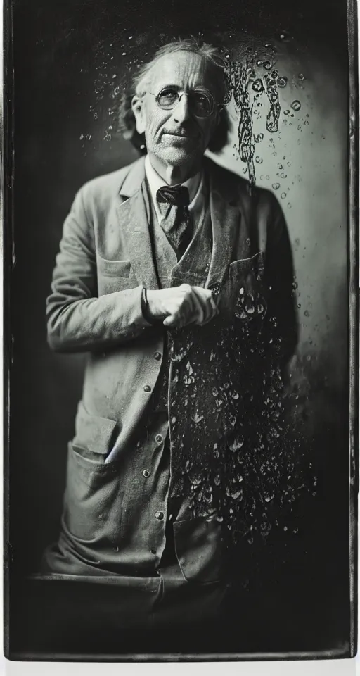 Image similar to a wet plate photograph, a portrait of a scientist