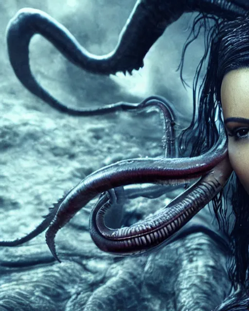 Image similar to cinematic still of kim kardashian being mouth fed by an xenomorph in a transparent alien liquid, wet flowing hair, gooey skin, illustration, unreal engine 5, 8 k, directed by h. r. giger.