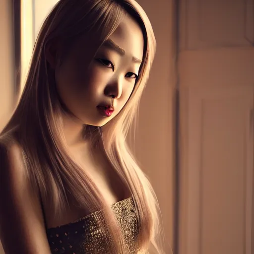 Image similar to portrait of a asian girl with blonde hair, in a fancy mansion, young cute beautiful face, wearing a expensive dress, detailed, 8 k, epic, charming, character, octane rendering, hyper realistic