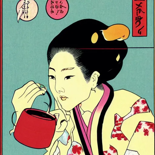 Image similar to Beautiful Japanese woman drinking tea with a snake by Toshio Saeki ultra high detailed