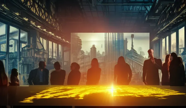 Image similar to group of people in walled warehouse, looking at hologram of futuristic city on a table, cinematic concept art, godrays, golden hour, natural sunlight, 4 k, clear details, tabletop model buildings, center model buildings, hologram center, crane shot, crane shot, crane shot