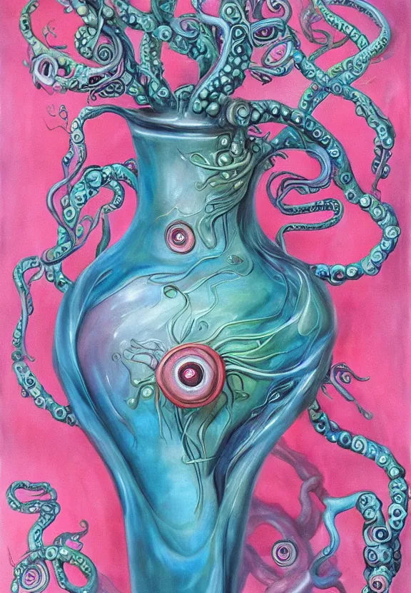 Prompt: a biomorphic painting of a vase with flowers with eyeballs and tentacles, surrealist painting by marco mazzoni, by dorothea tanning, pastel blues and pinks, melting, plastic, skull, featured on artstation, metaphysical painting, oil on canvas, fluid acrylic pour art, airbrush art, seapunk, rococo, lovecraftian