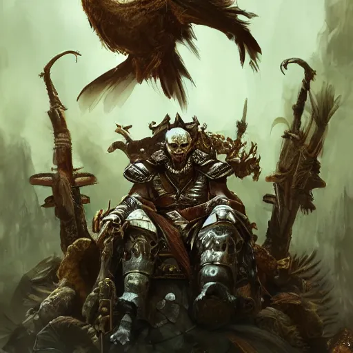 Image similar to Turkey, Anthropomorphized, as warlord general sitting on skull throne, magic the gathering artwork, D&D, fantasy, cinematic lighting, centered, symmetrical, highly detailed, digital painting, artstation, concept art, smooth, sharp focus, illustration, volumetric lighting, epic Composition, 8k, art by Akihiko Yoshida and Greg Rutkowski and Craig Mullins, heroic pose, oil painting, cgsociety, Battlefield background, explosions, arrows