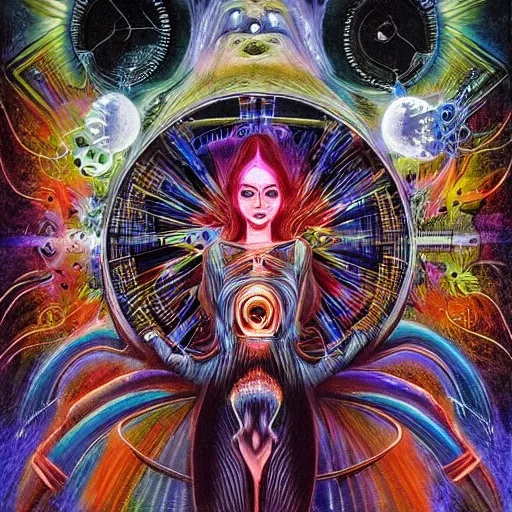 Image similar to at the zero hour, we gather in the darkness seeking refuge from the counterfeit dreams of our clockwork lives. expressive il painting of the silver serenade connects to the laced transmission symphony of the celestial psylocibin by ron of the moonlight forest by alex grey, ron walotsky and paul lehr