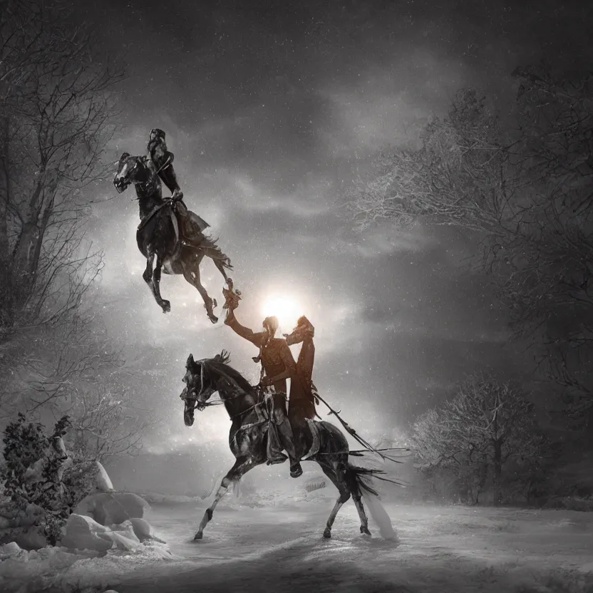 Image similar to ice sculpture of a headless horseman riding into the night, beautiful matte painting