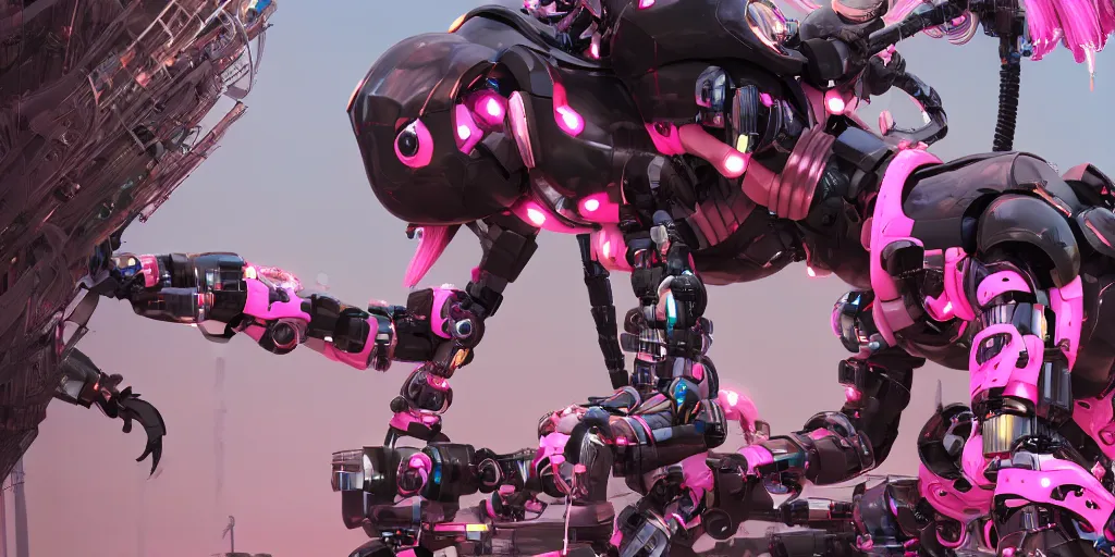 Prompt: a black girl scientist constructing a giantic pink elephant robot with a lot of button potenciometers and iron cables, futuristic, cyberpunk, biomechanical, xenomorphic, photorealistic, ultra detailed, 4 k, chomatic aberration, dof