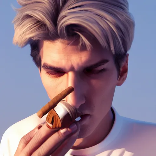 Image similar to a high quality photo of xqc smoking a cigar, 3d scene, render, ultra realistic, artstation, cgsociety