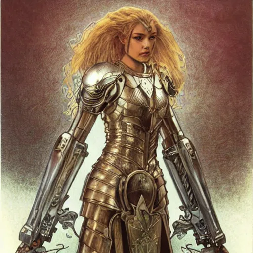 Prompt: quarter length portrait of a armored female valkyrie paladin, d & d, fantasy, luis royo, magali villeneuve, donato giancola, wlop, krenz cushart, hans zatka, klimt, alphonse mucha