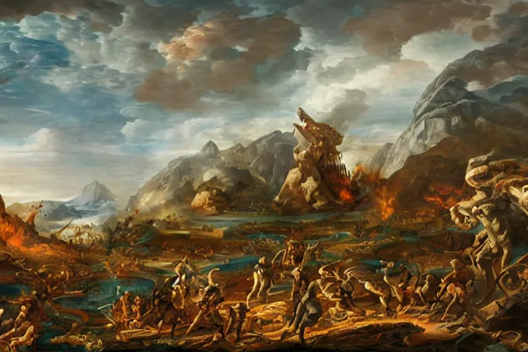 Image similar to landscape of the aftermath of an ancient battle, the art of god of war, digital art by giovanni paolo pannini