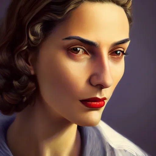 Prompt: A videogame portrait of a Spanish young woman in her 40's with high cheekbones. Good bone structure. Dressed in 1940s style. Highly detailed, fine Art, high detail, great lighting, 8k resolution, masterpiece, concept art, illustration, clear eyes, painting oil on canvas, octane render, HDR, trending on artstation, 4k, 8k, HD