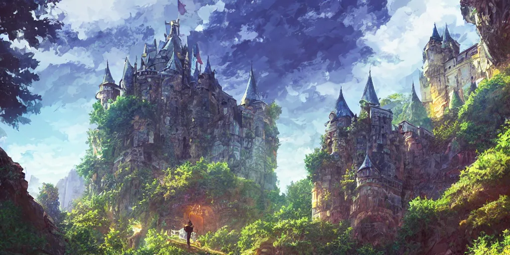 Image similar to in the middle of the fantastic wilderness stands the castle, wide, dream, shinkai makoto, rich colors, height lighting, illustration, crazy detail, hyper - detail