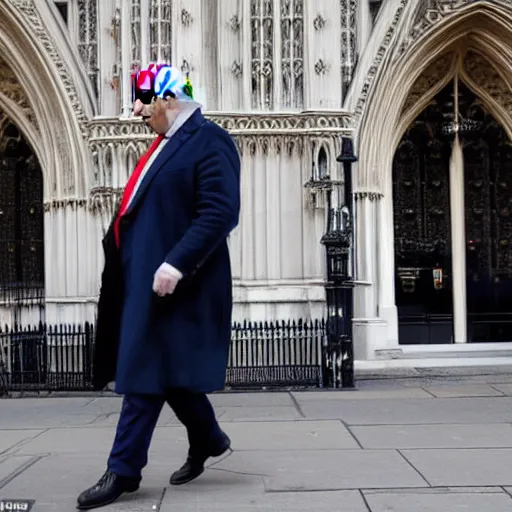 Prompt: a paparazzi photo of boris johnson on a date with donald trump along the houses of parliament, london, the sun newspaper, detailed, canon eos, f / 1. 2, 2 0 0 mm lens