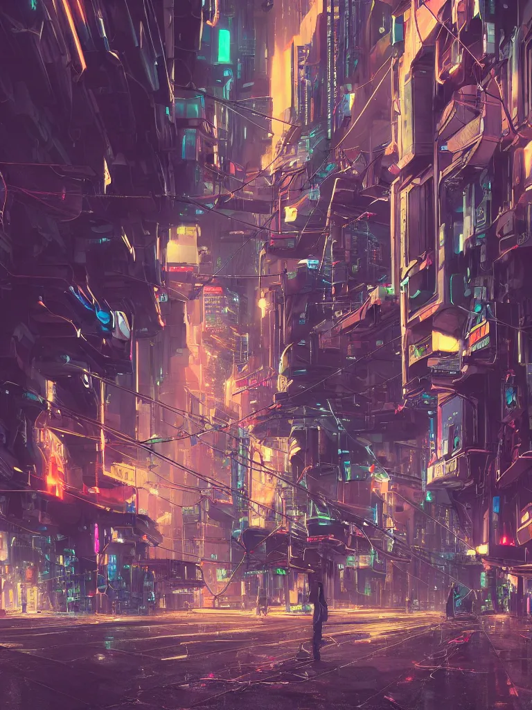 Image similar to futuristic cyberpunk street, hanging cables, narrow, garbage on the ground. rain. fog, haze, evening. led screens. golden hour. volumetric lighting. cables on the ground. very messy. futuristic. photorealistic. artstation. anime. studio gimbli style