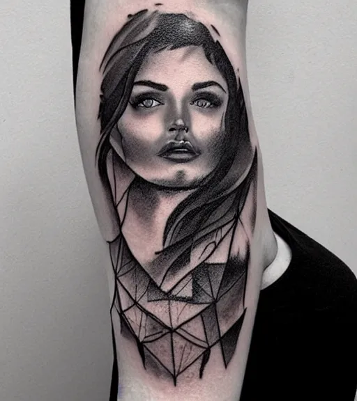 Image similar to a beautiful woman face against a background of beautiful mountains, tattoo design sketch, amazing blend effect, hyper - realistic, in the style of matteo pasqualin, amazing detail, black and white