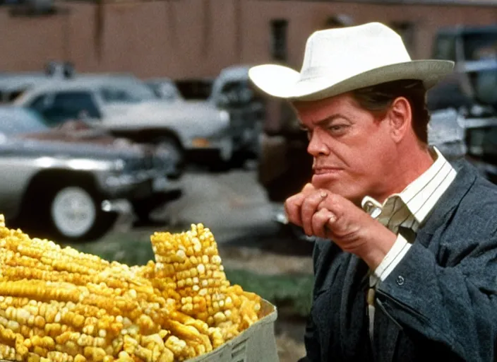 Image similar to shooter mcgavin, movie still, selling street corn, 8 k, realistic