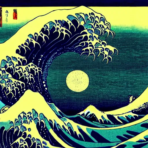 Image similar to digital waves woodblock print by the Japanese ukiyo-e artist Hokusai, matrix, binary, cyberpunk, synthwave