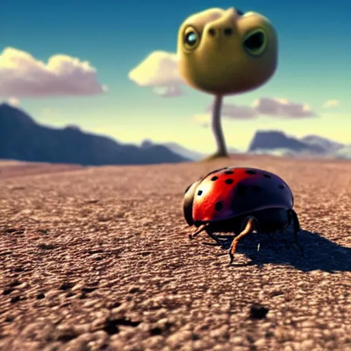 Image similar to promotional still wide angle, a mountain - sized ladybug with three legs roams a barren wasteland, dramatic lighting, ( e. t. the extra - terrestrial ), batteries not included, harry potter, imax, 7 0 mm.