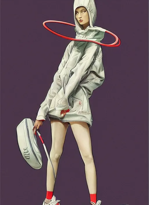 Image similar to a fashion illustration of a futuristic tennis girl wearing yeezy 5 0 0 sneakers and an anorak designed by balenciaga by brian froud and frank frazetta