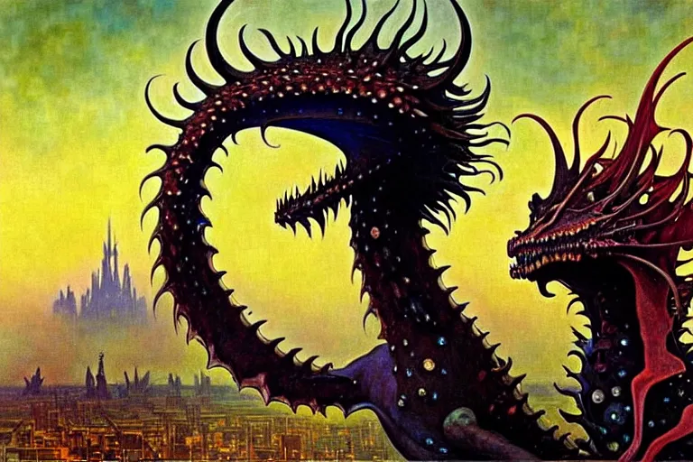 Prompt: realistic extremely detailed closeup portrait painting of a beautiful black woman riding mutant dragon, dystopian city on background by Jean Delville, Amano, Yves Tanguy, Ilya Repin, Alphonse Mucha, Ernst Haeckel, Edward Hopper, Edward Robert Hughes, Roger Dean, heavy metal 1981, rich moody colours