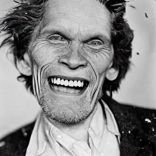 Image similar to black and white photo of william dafoe, encrusted with barnacles, laughing