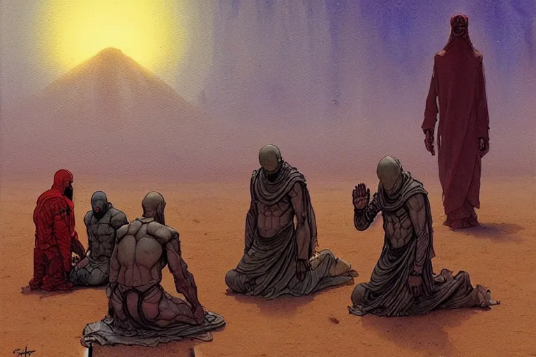 Image similar to a hyperrealist watercolour character concept art portrait of a group of middle eastern men kneeling down in prayer in front of a giant alien on a misty night in the desert. by rebecca guay, michael kaluta, charles vess and jean moebius giraud